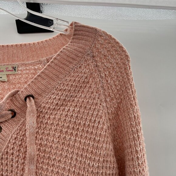 It's Our Time Women's Knit Pullover Sweater Lace Up Neck Long Sleeve Pink Medium - Picture 4 of 9